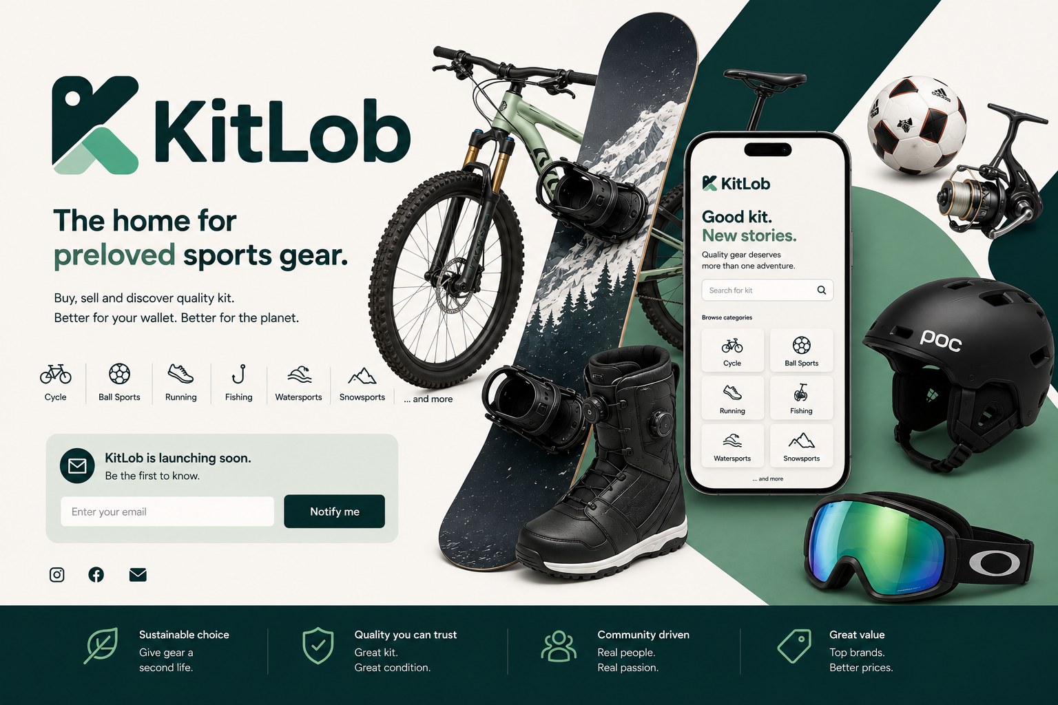 Sports equipment including a mountain bike, snowboard, snowboard boots, football, fishing reel, helmet and goggles around a KitLob phone preview